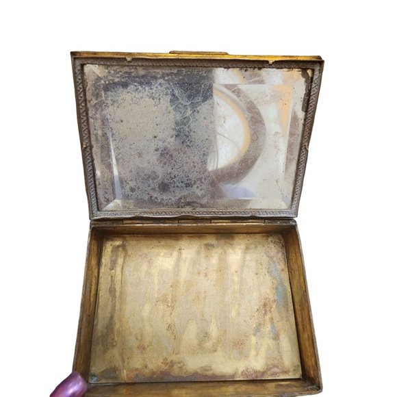 Antique Dore Bronze Footed Decorative Box with Needle Point Center (A2000) - Picture 7 of 12